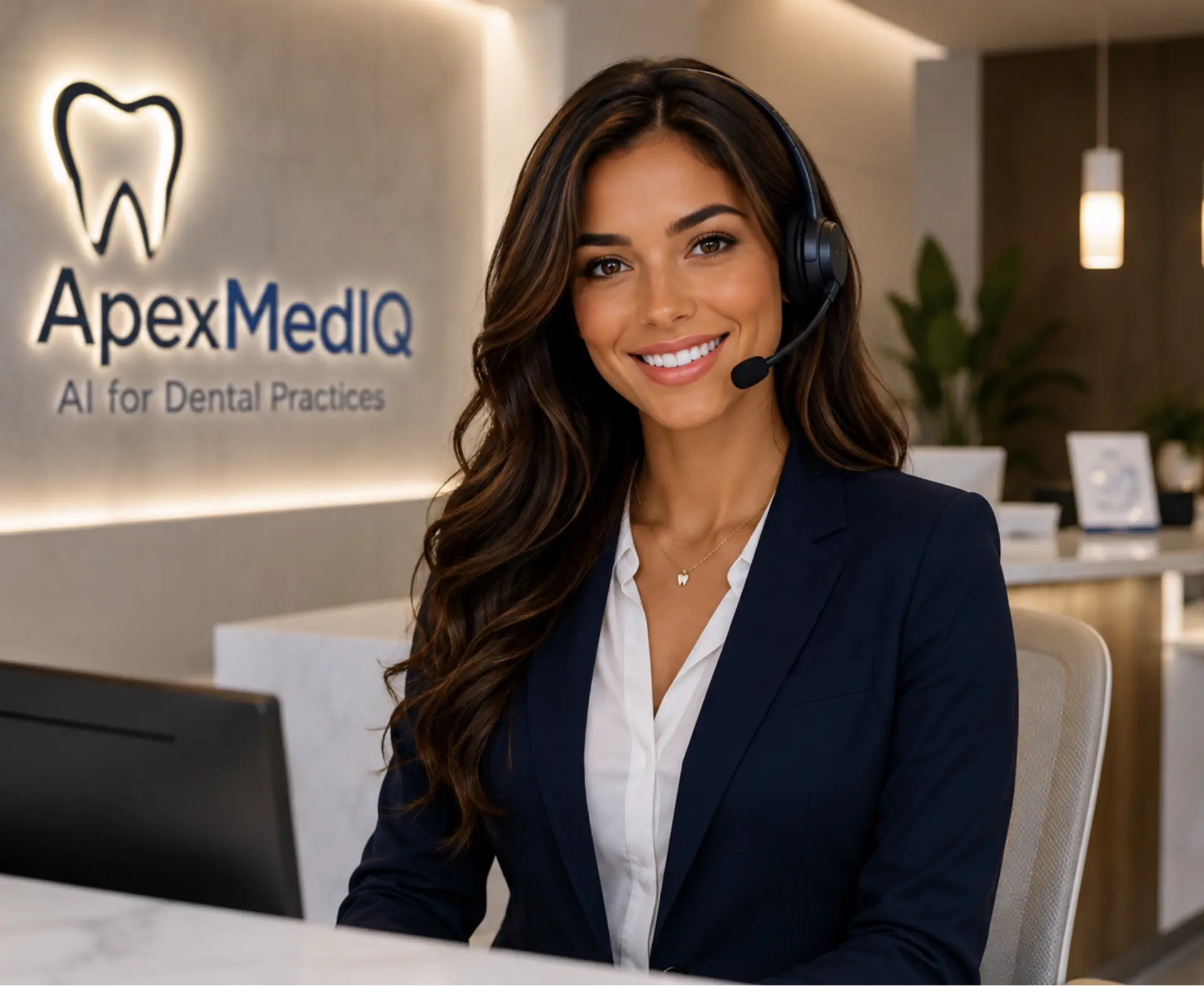 Sarah, the ApexMedIQ AI dental receptionist, at a modern dental practice front desk